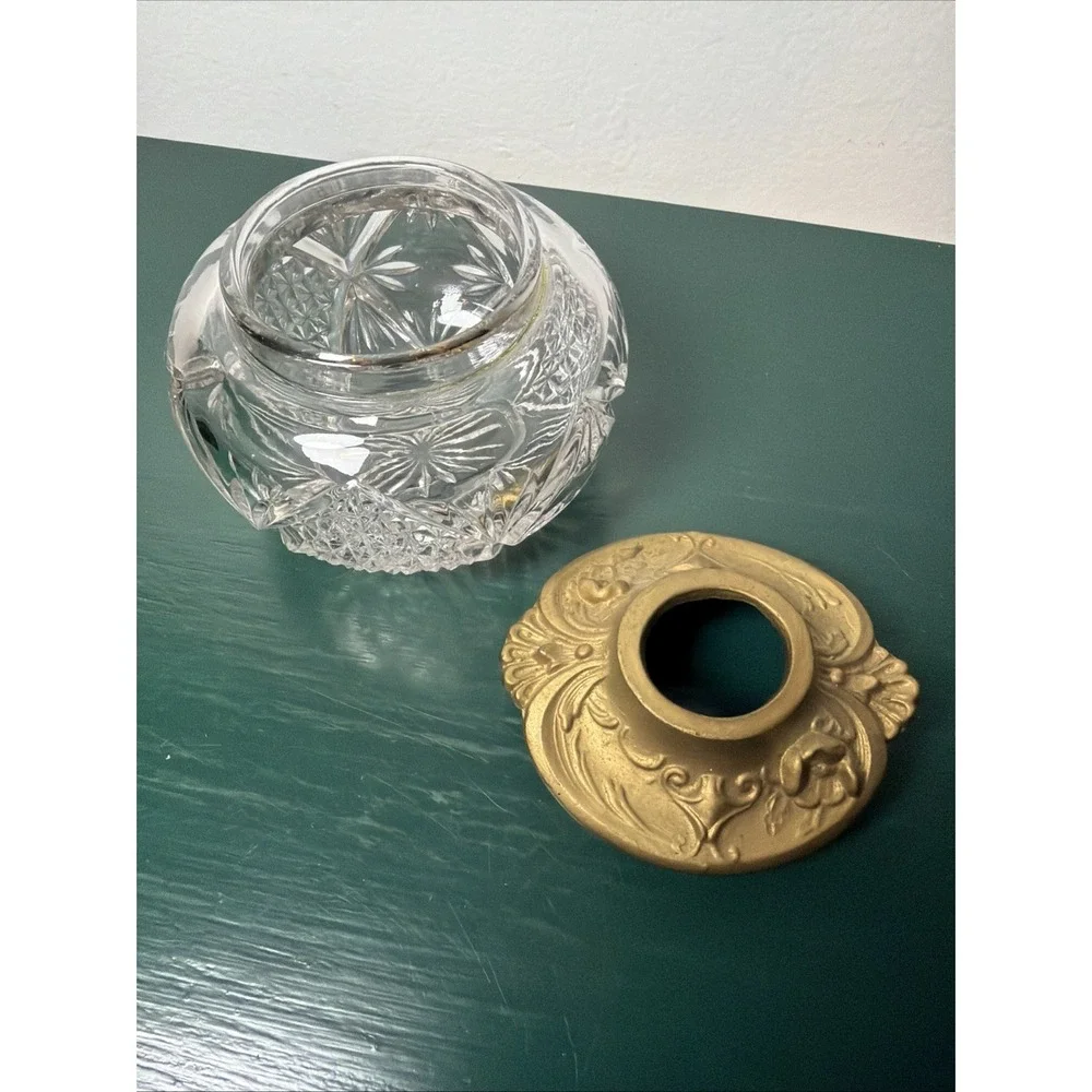 Art‎ Nouveau Crystal Hair Receiver w/ Brass Tone Ornate Lid Edwardian Vintage
